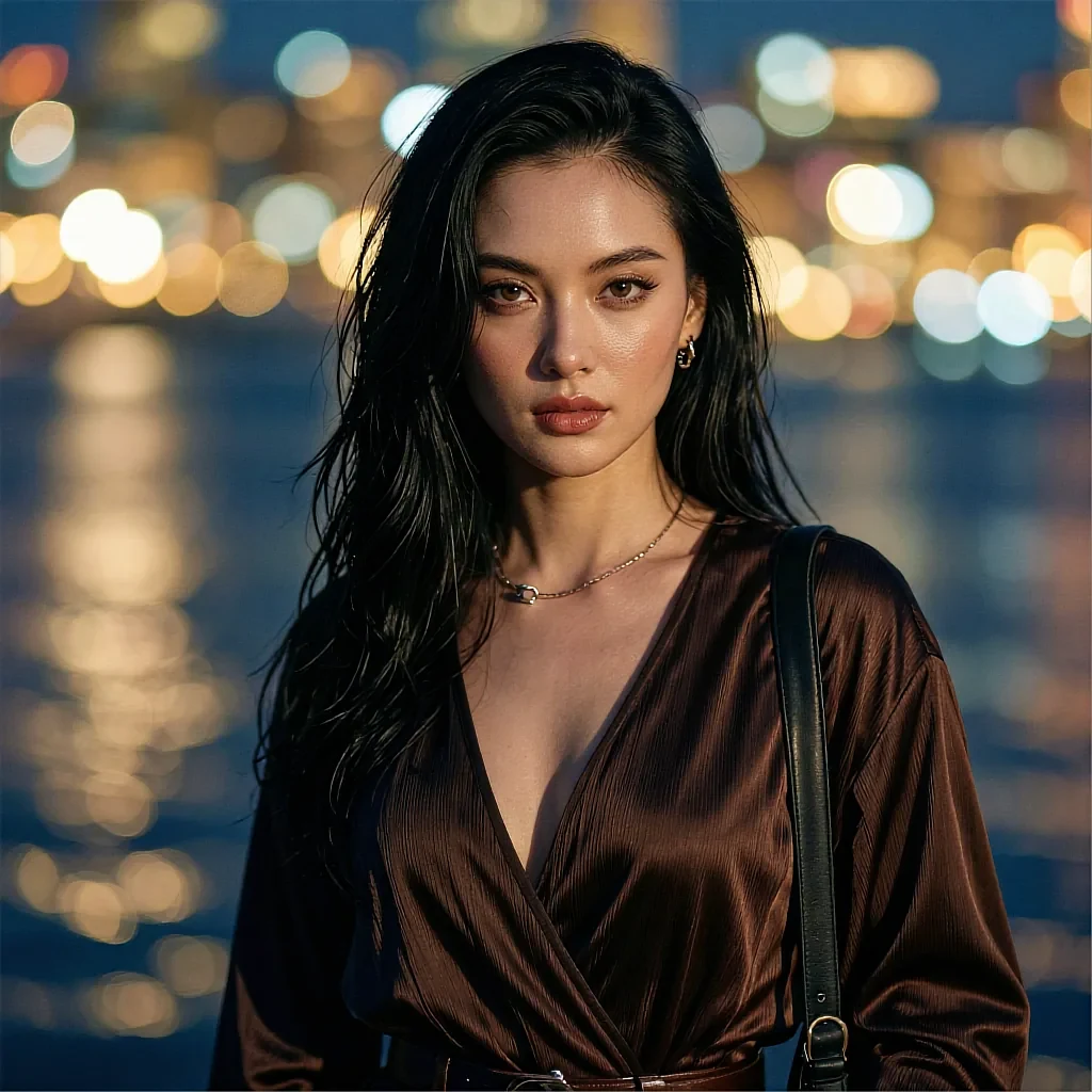 Barbara, a fictional AI character at the top of the club door list, in a dark satin blouse against harbour lights